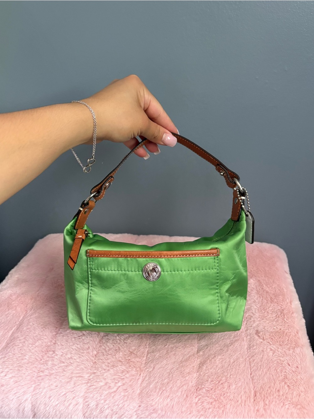 Green Satin Coach Mini Handbag with Brown Leather Strap